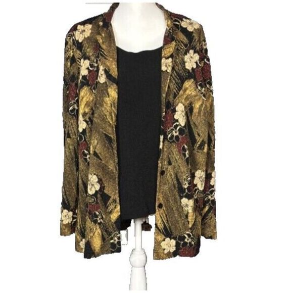 Vintage Floral One Piece Tank Jacket Plus Size 20W Green Black Floral Buttons - Picture 9 of 10